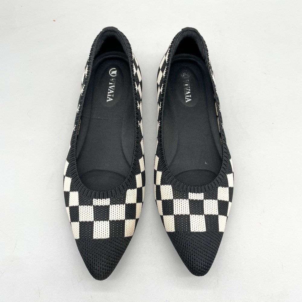 Vivaia Womens 37 Aria 5 Pointed Toe Flats Black White Checkered Knit Shoes Chic